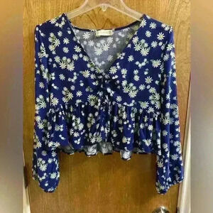 Altar’d State Navy Blue Balloon Sleeve Button Crop Top with White Flowers Size M